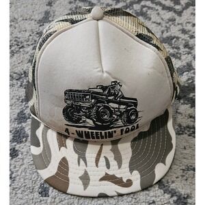 Vintage 80s Winner 4-Wheelin Fool Trucker Hat Camo Mesh Snapback Monster Truck